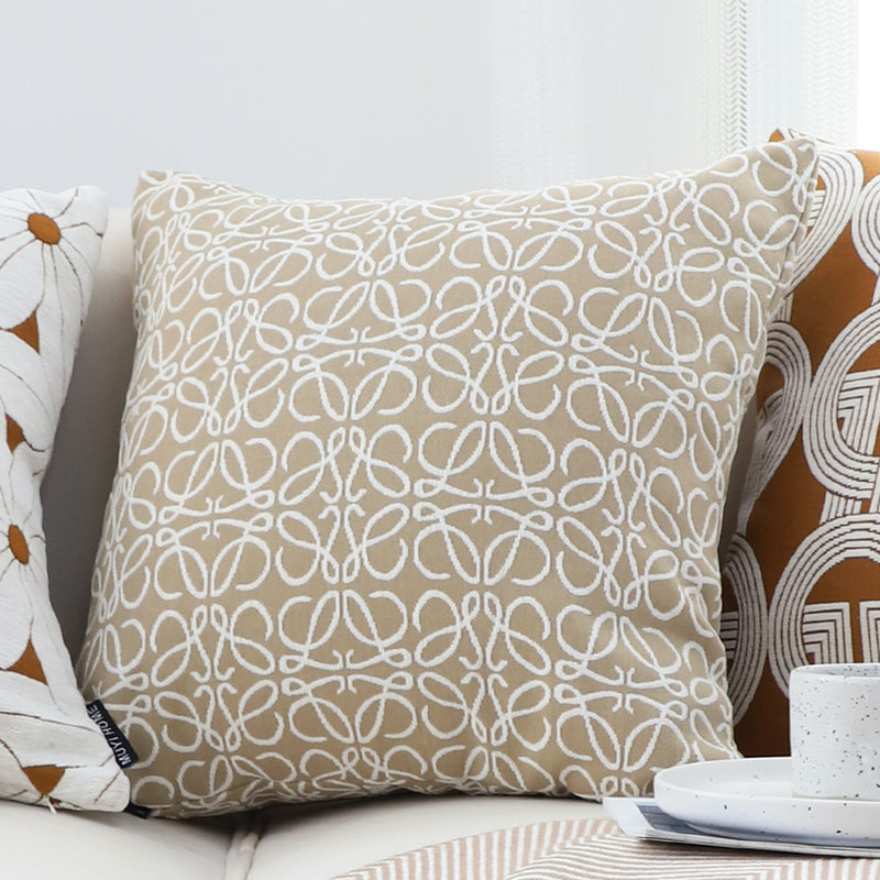 Throw Pillow Polyester Cotton 50x50x18cm Plush Filled White Beige Geometric