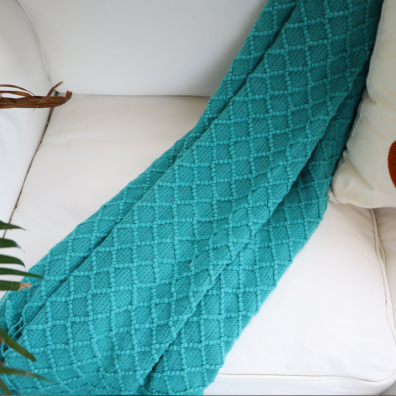 Teal Knitted Throw Blanket Diamond Pattern Tassels Cozy Home Decor 130x170cm