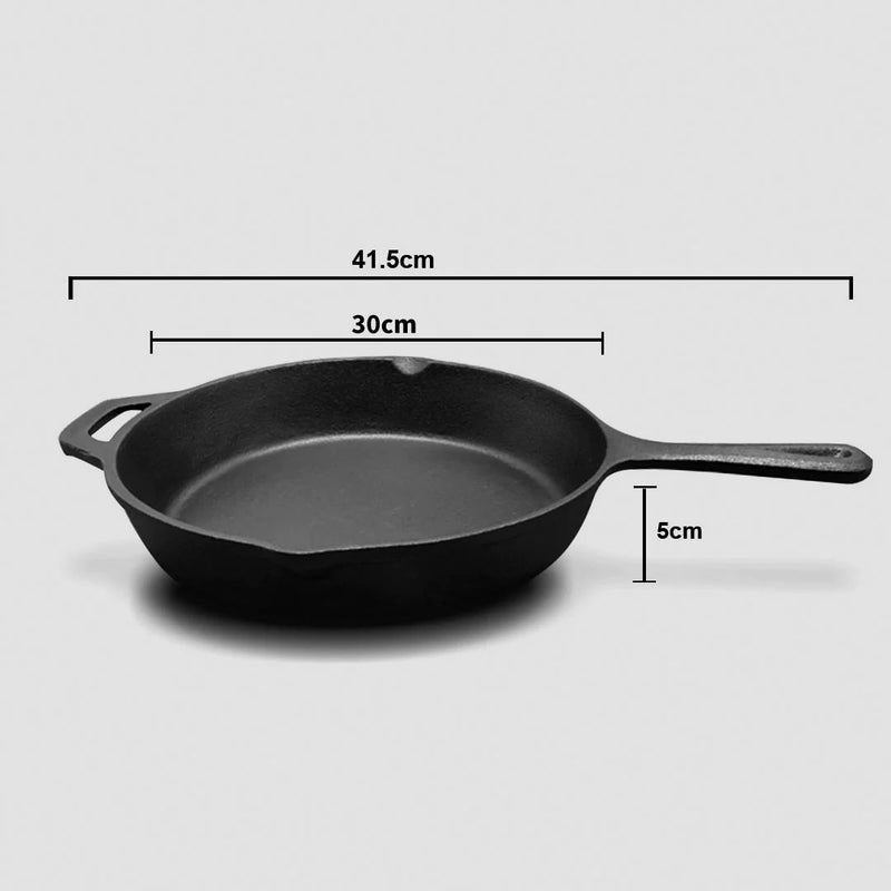 2X 30cm Cast Iron Frying Pan Skillet Sizzle Platter with Helper Handle