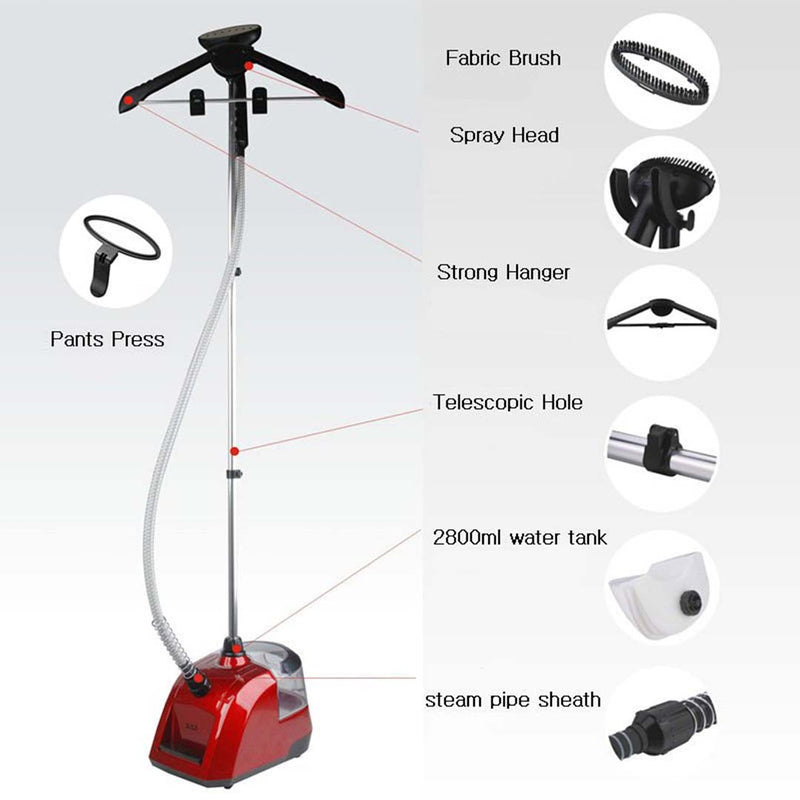 Garment Steamer 80 Minute 1800W Dual Heat Red Telescopic Pole 360 Degree Hanger