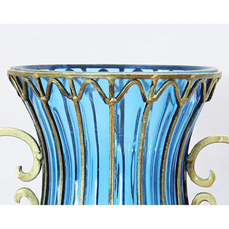 51cm Blue Glass Floor Vase Gold Metal Base With 12pcs Dark Pink Artificial Roses
