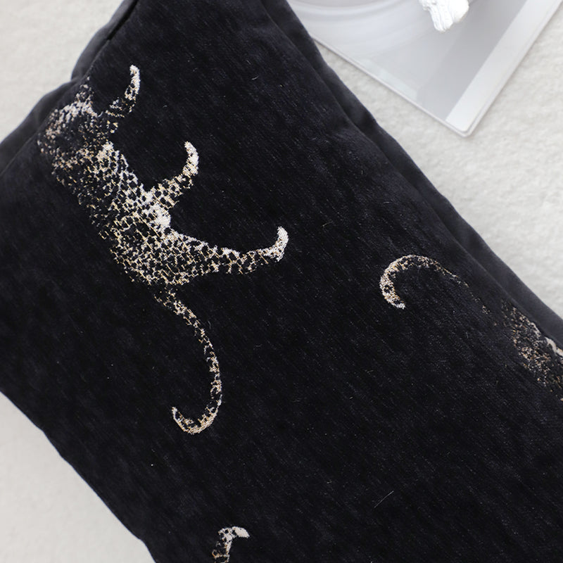 2X Black Polyester Cotton Throw Pillows 35x55x18cm Embroidered Panther Motif