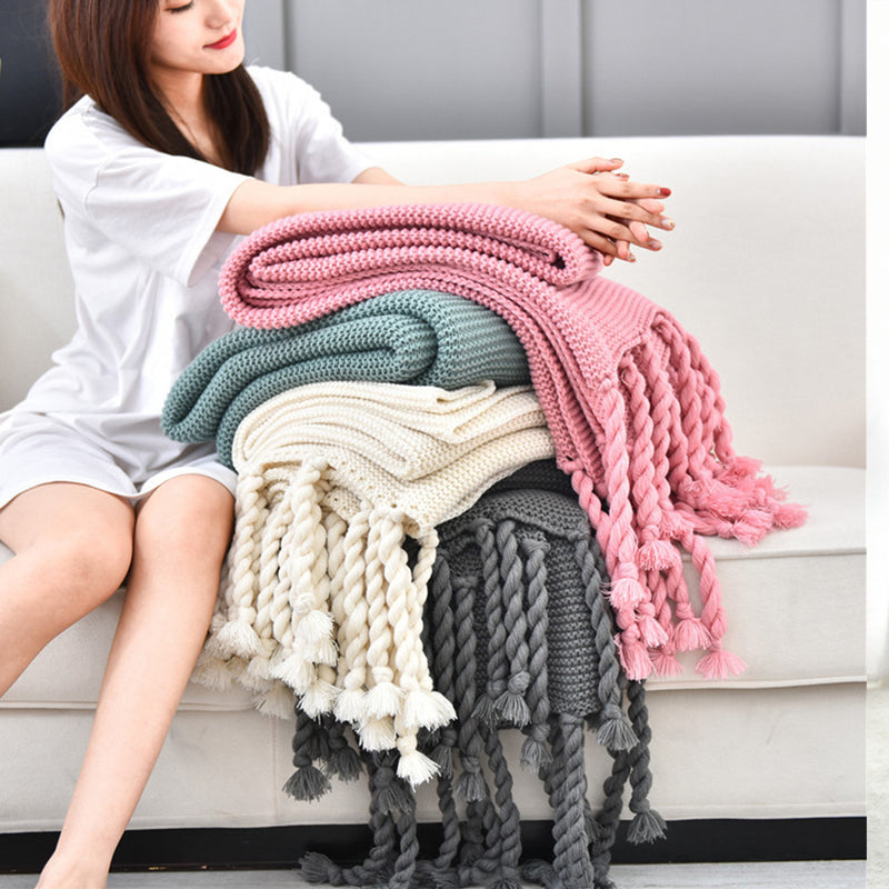 Green Tassel Fringe Knitted Throw Blanket 130x170cm 100% Acrylic Waffle Weave