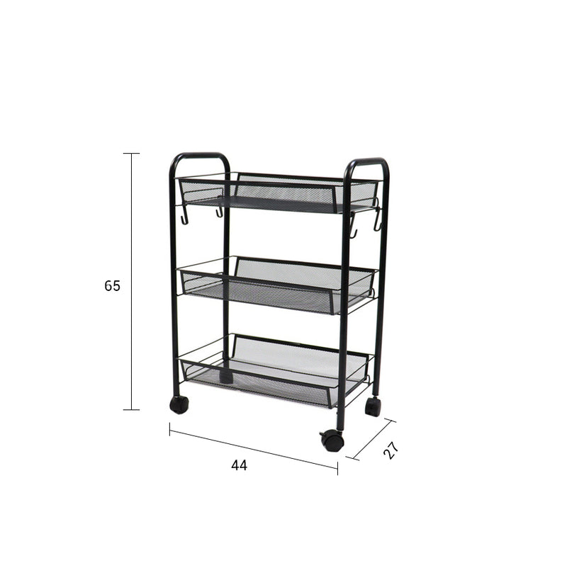 2X Black 3 Tier Steel Mesh Kitchen Cart Portable Storage Shelves with Wheels