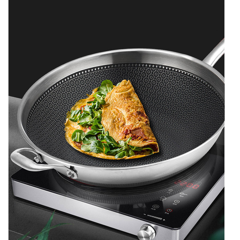Stainless Steel Fry Pan 32cm Non Stick Skillet Helper Handle Lid Induction Safe