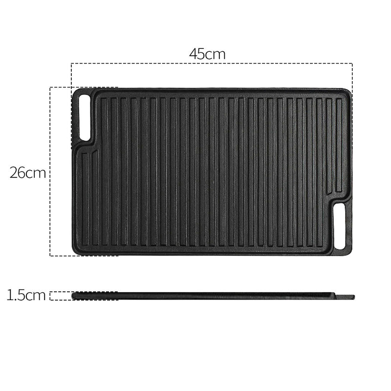 2X 45cm Rectangular Cast Iron Griddle Pan Pre Seasoned Black With Handle