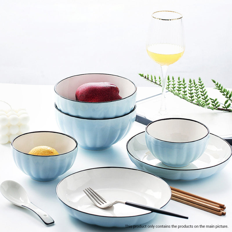 Blue Ceramic Dinnerware Set of 7 Japanese Style Bowls Plates Home Kitchen Decor