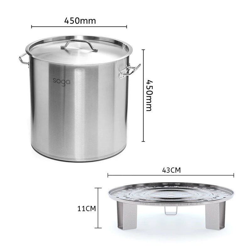 50L Stainless Steel Stock Pot 45cm With Two Steamer Inserts Commercial Grade