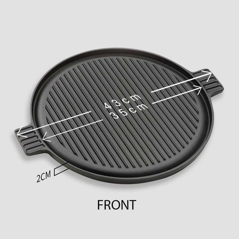 2X 43cm Round Ribbed Cast Iron Frying Pan Skillet Sizzle Platter With Handle