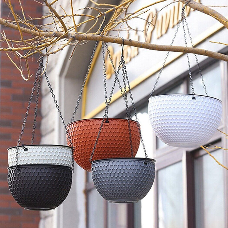 Small White Resin Hanging Plant Pot 17x11x46cm Self Watering With Chain