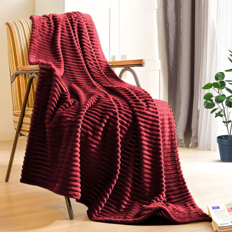 Burgundy Flannel Polyester Throw Blanket 230x200cm Lightweight Striped Pattern