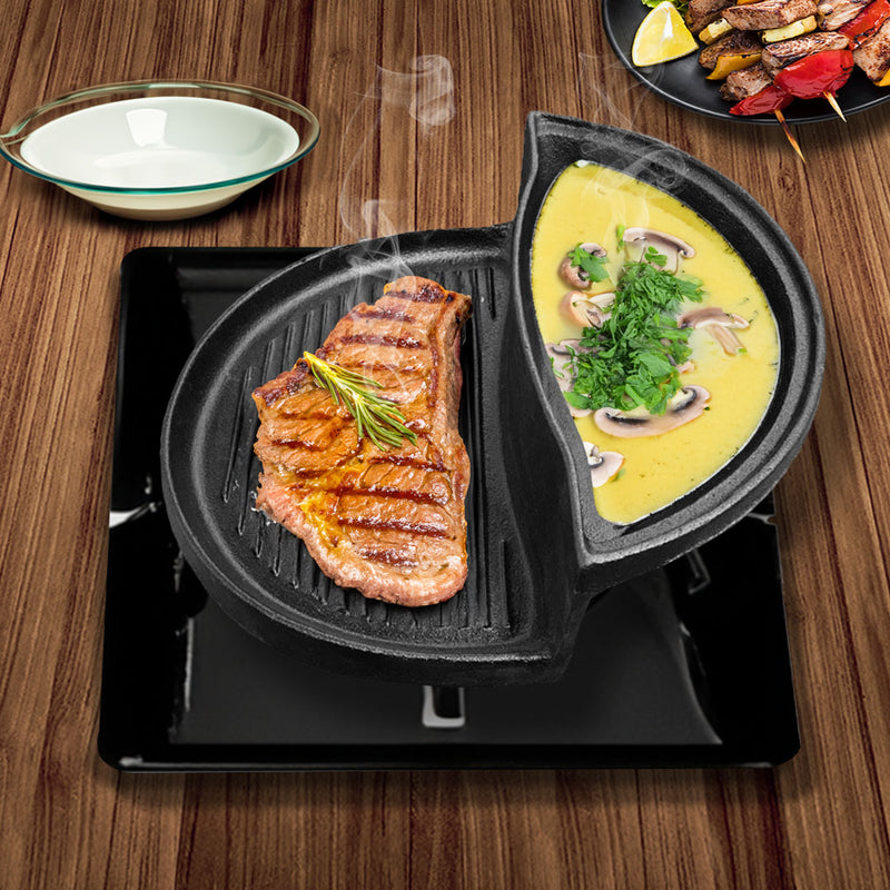 2 In 1 Cast Iron Skillet Griddle BBQ Steamboat Pot Non-Stick 23cm Black
