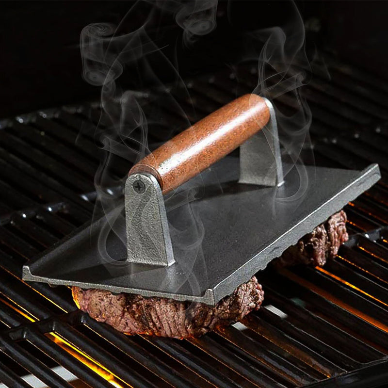 Cast Iron Meat Press 20cm X 10cm Enamel Coated Wood Handle Nonstick