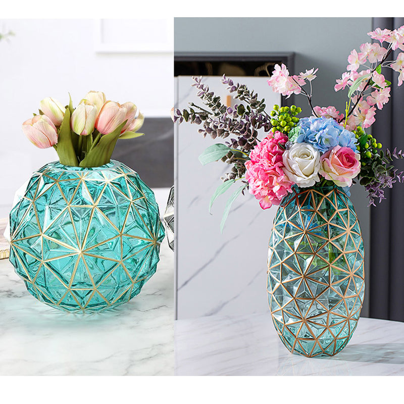 Green Glass Diamond Cut Flower Vase Large And Medium Set Gold Accent