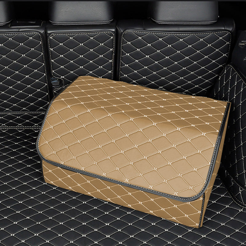 Leather Car Boot Trunk Organizer Box Foldable Portable Beige Gold Stitch Large