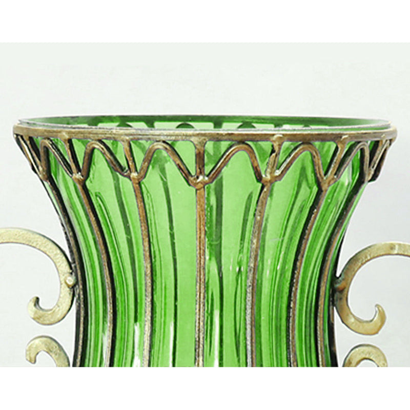 51cm Tall Green Glass Floor Vase Gold Metal Accents 12pcs Artificial Flowers
