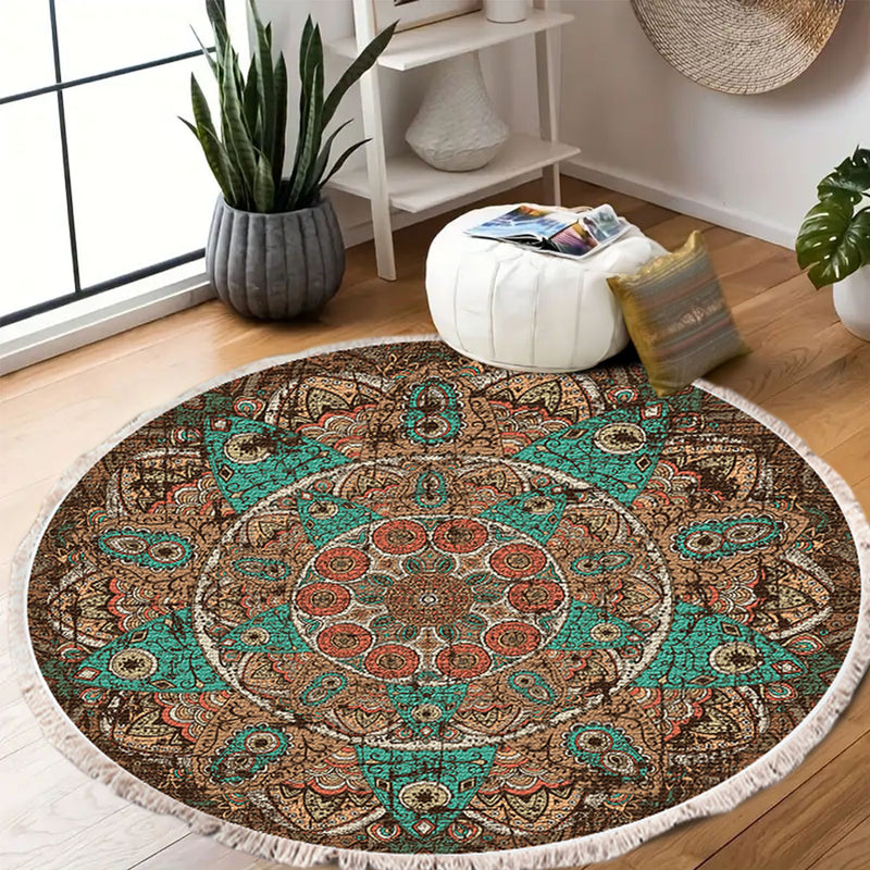 90cm Round Mandala Area Rug Polyester Thick Plush Anti Slip Backing
