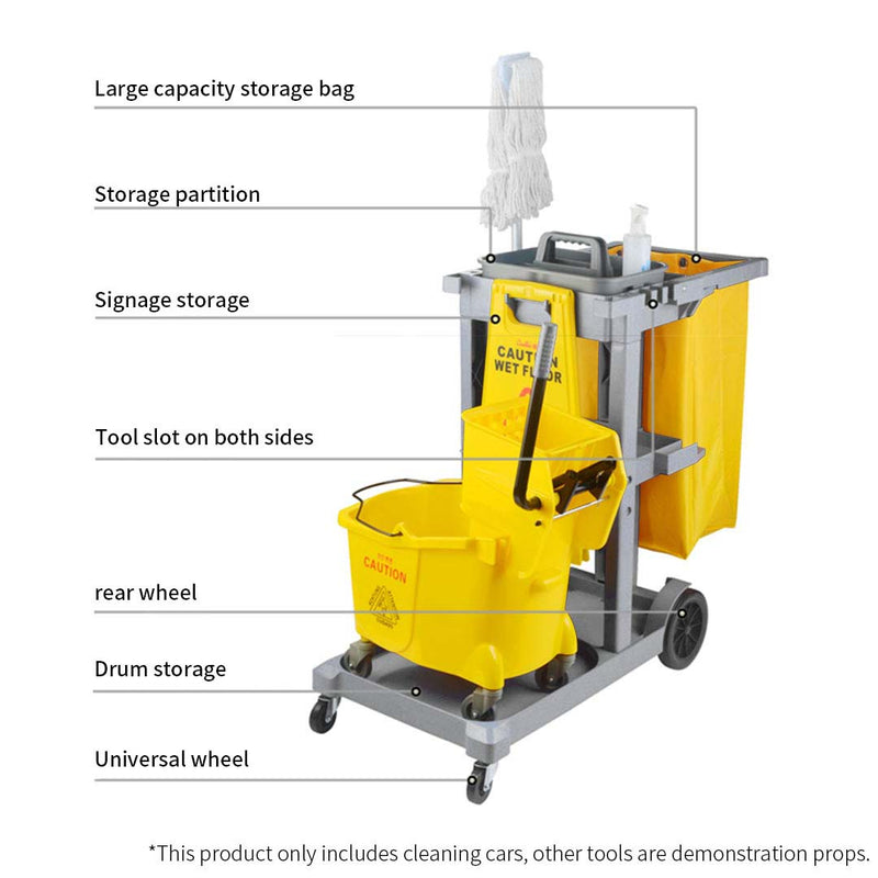 2X 3 Tier Plastic Janitor Cleaning Cart Trolley With Waterproof Bag Gray Yellow
