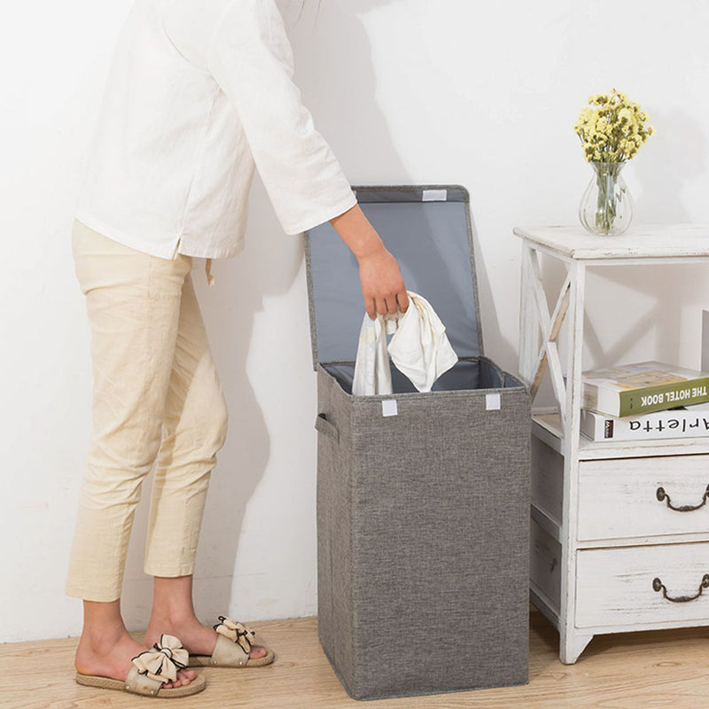 Large Collapsible Canvas Laundry Hamper 40cmx40cmx63cm With Lid Handle Grey