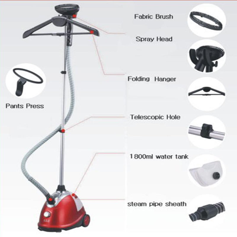 Garment Steamer 1.8L 1800W 60 Min Steam 120C Telescopic Pole Red