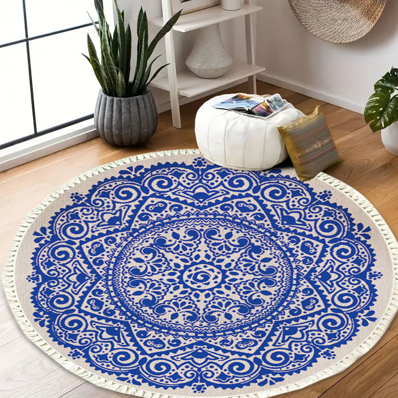 120cm Round Area Rug Polyester Fiber Anti Slip Backing Mandala Blue