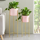 2 Layer Gold Metal Plant Stand 60cm With Pink Pot Holder Indoor Shelving Rack