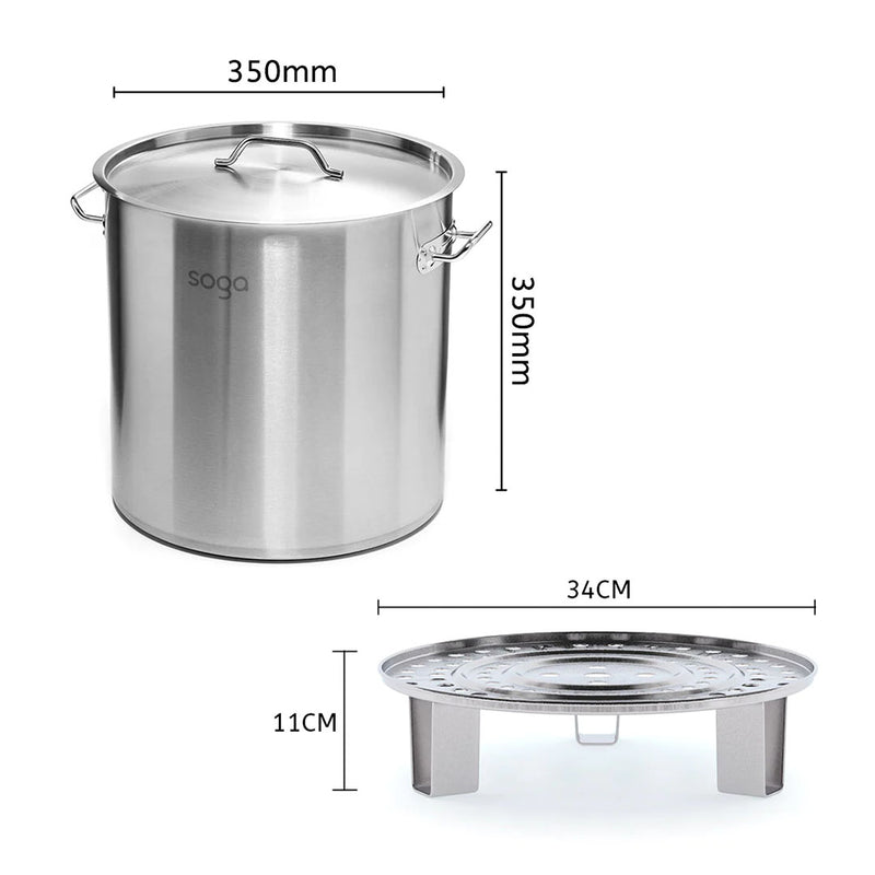 33L Stainless Steel Stock Pot With Steamer Insert Heavy Duty 35cm European Design