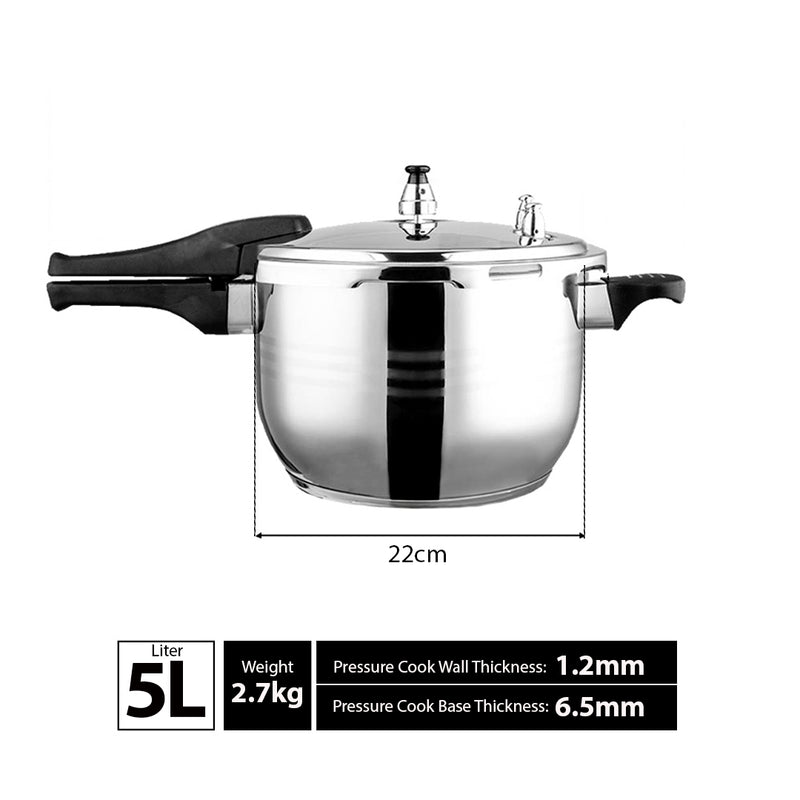 5L Commercial Grade Stainless Steel Pressure Cooker Triple Security Cap Seal