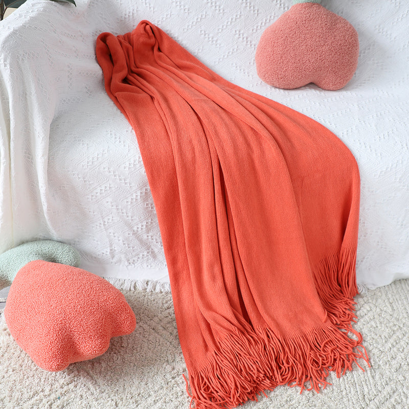 Orange Acrylic Knitted Throw Blanket Solid Fringed 130x220cm Warm Cozy Decor