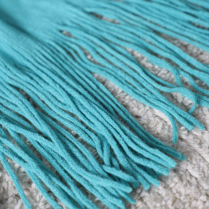 Teal Acrylic Knitted Throw Blanket Solid Fringed 130x220cm Cozy Home Decor