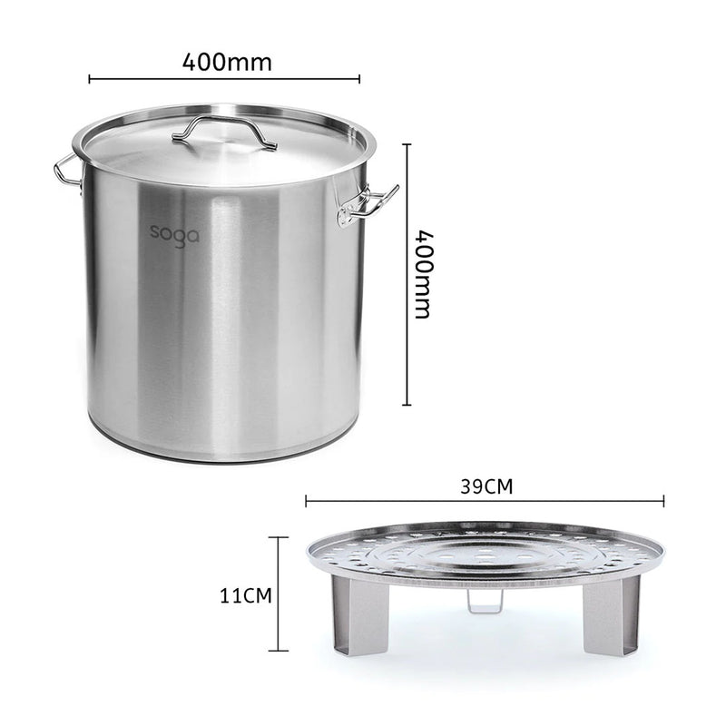 50L Stainless Steel Stock Pot 40cm Commercial Grade 18/10 One Steamer Insert