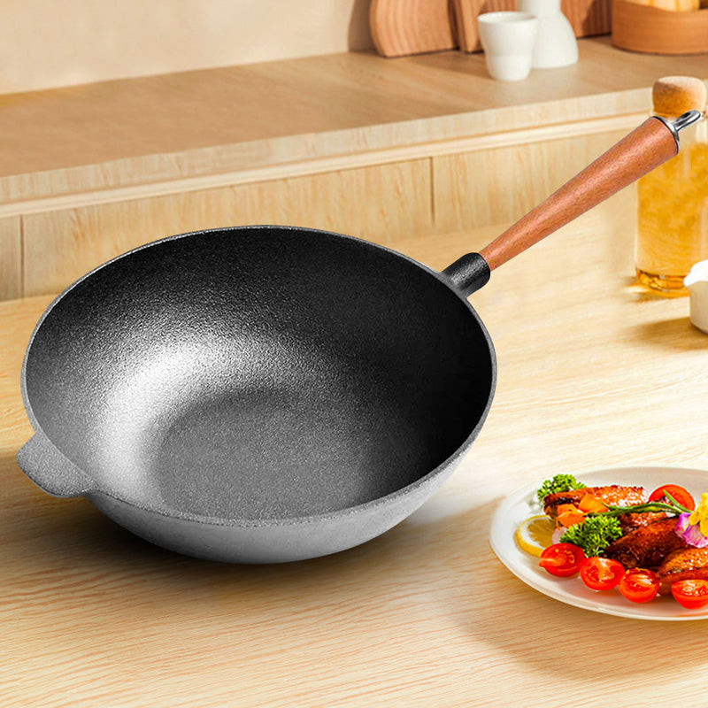 2X 31cm Cast Iron Round Thick Bottom Wok Non Stick Black Long Wood Handle