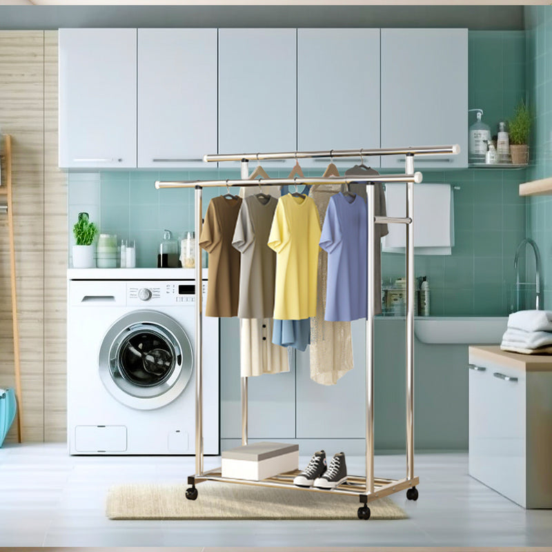 120cm Stainless Steel Clothes Rack Floor-Standing Durable Portable with Wheels
