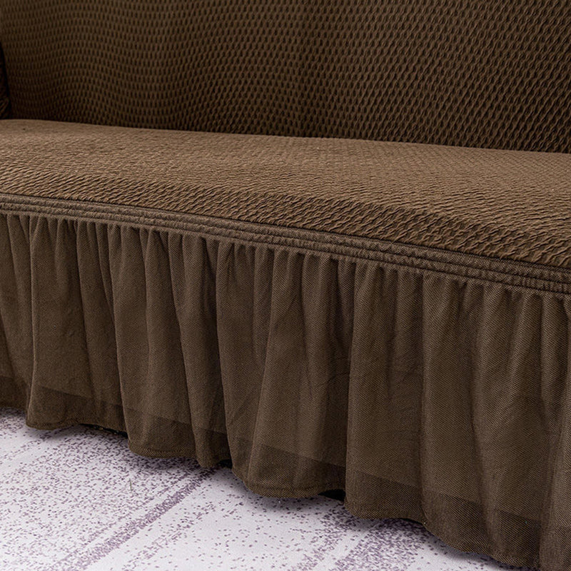 4 Seater Polyester Sofa Slipcover Ruffled Skirt Stretch Protector Coffee