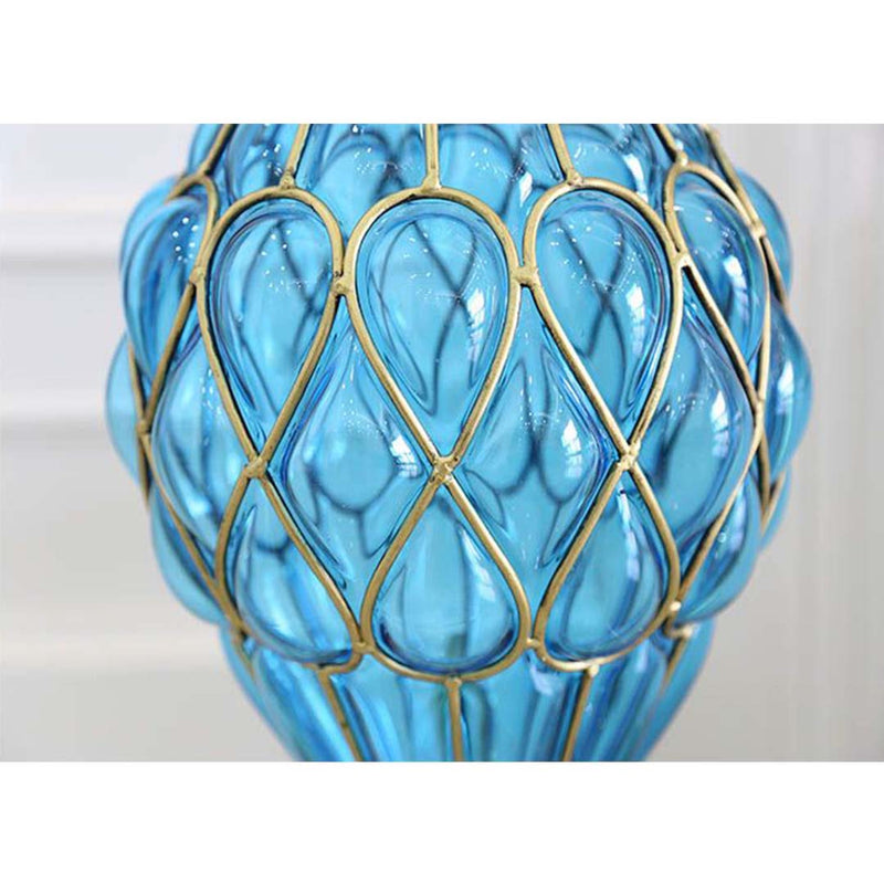 67cm Blue Glass Tall Floor Vase Gold Metal Accents 12pcs White Silk Flowers