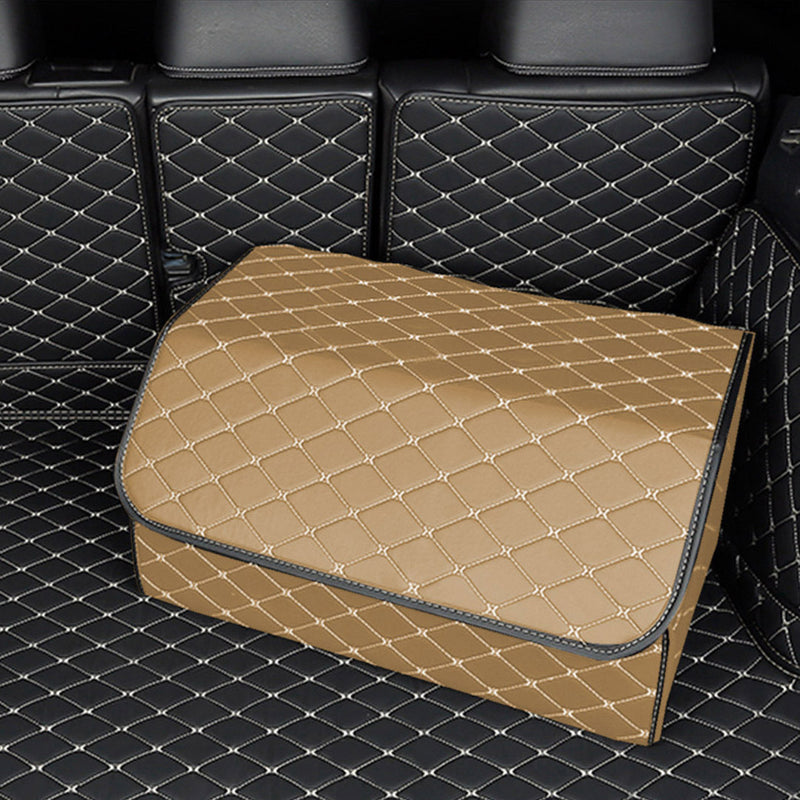 4X Leather Car Boot Organizer 55x30x30Cm Collapsible Beige Gold Stitch
