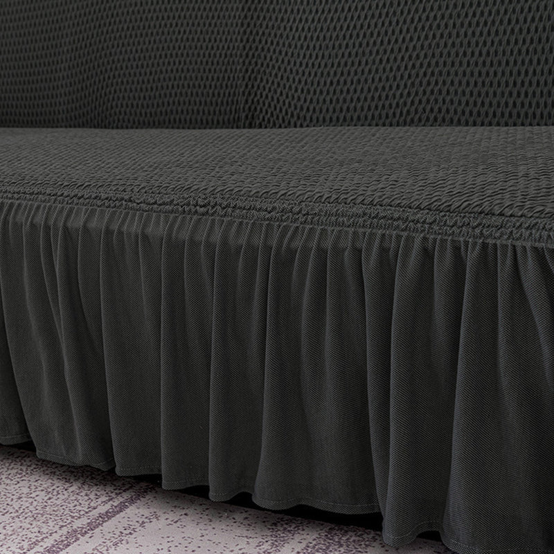 4-Seater Dark Grey Polyester Sofa Cover Ruffled Skirt High Stretch Protector