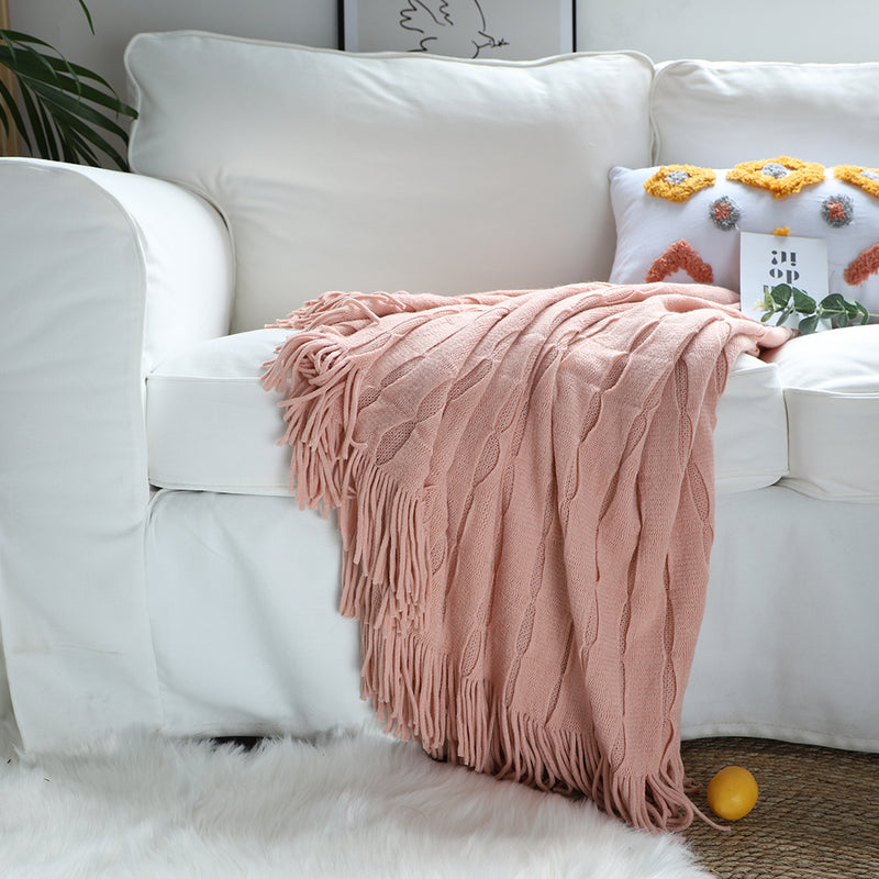 Pink Textured Knitted Throw Blanket Acrylic 130x170cm Cozy Fringes Home Decor