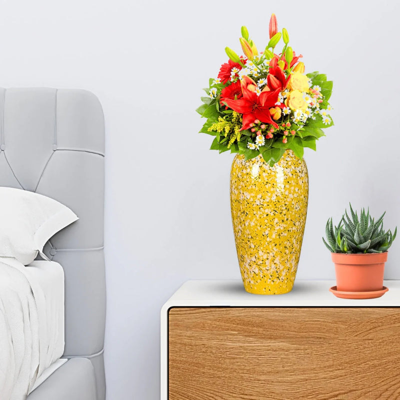 Large Ceramic Flower Vase Yellow with White Floral Design Elegant Home Decor