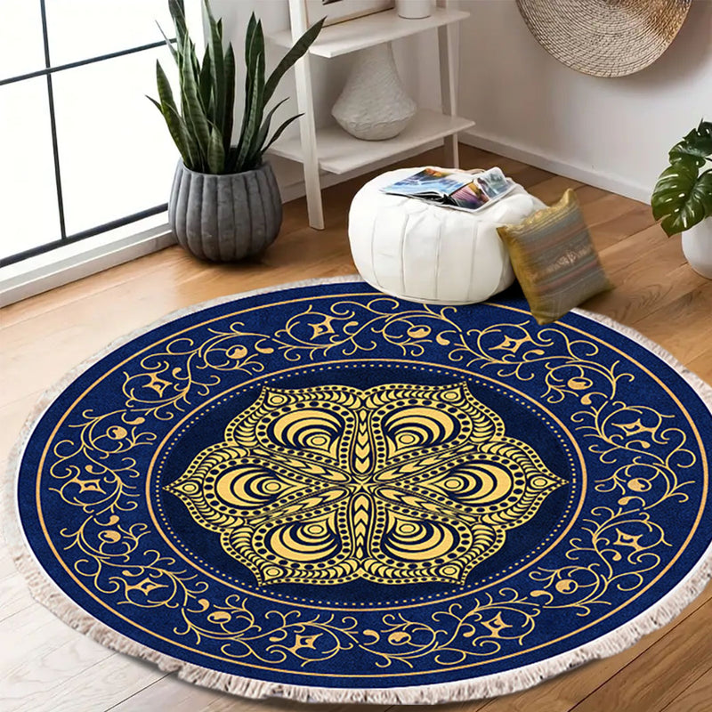 2X 90cm Round Polyester Area Rug Mandala Turquoise Grey Anti Slip Backing