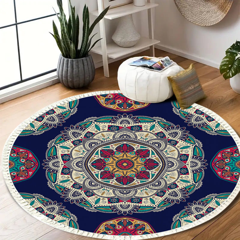 90cm Round Mandala Area Rug Polyester Non Slip Backing Blue