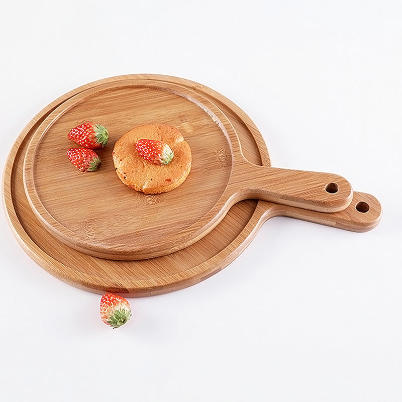 2X 11 Inch Bamboo Round Serving Trays With Handle Blonde Kitchen Decor