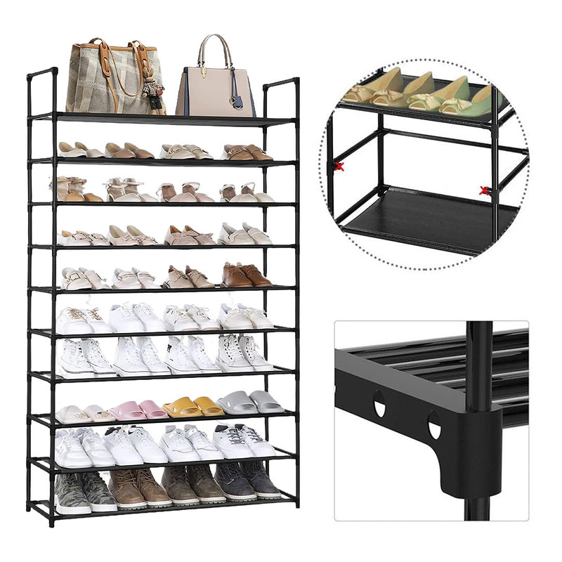 2X 10 Tier Shoe Storage Shelf Space-Saving Organizer with Handle Black