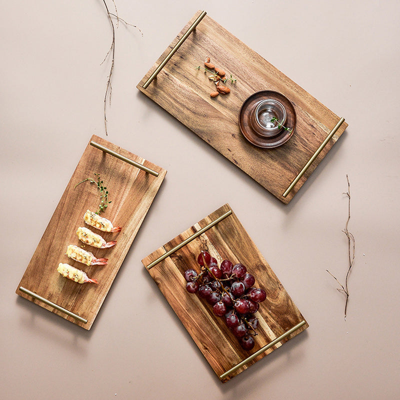 2X 30cm Acacia Wood Rectangle Serving Tray Charcuterie Board Iron Handles Brown