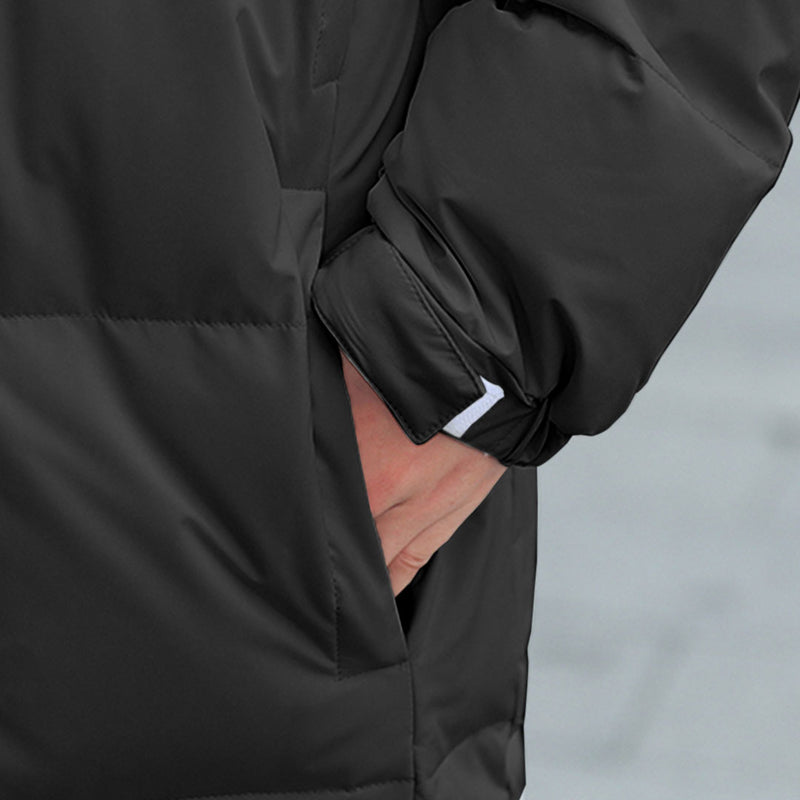 Large Black Hooded Long Jacket White Duck Down Fill Polyester Elastane Quilted