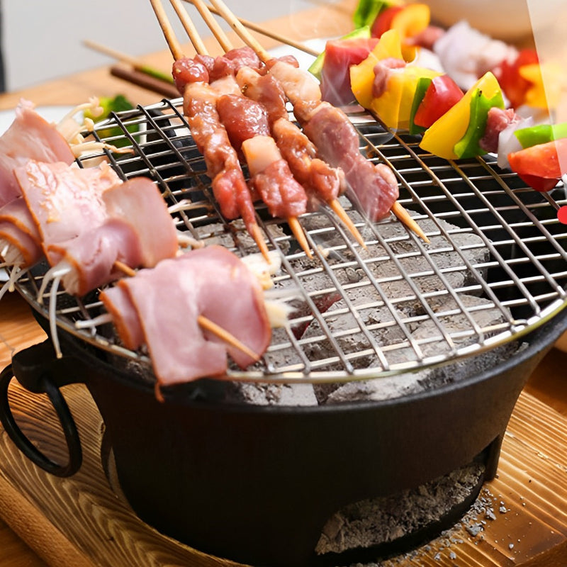 Small Cast Iron Tabletop Charcoal Grill 21cm Steel Net Black Wood Base