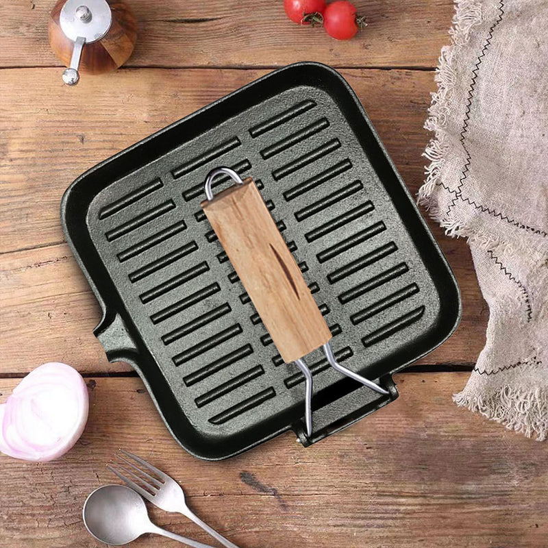 2X 24cm Cast Iron Square Grill Pan Ribbed Surface Folding Wooden Handle
