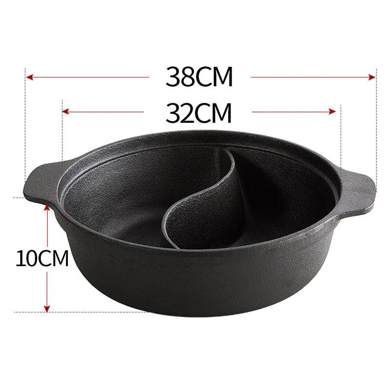 2X 32cm Cast Iron Round Hot Pot Two Flavor Divider Preseasoned Black