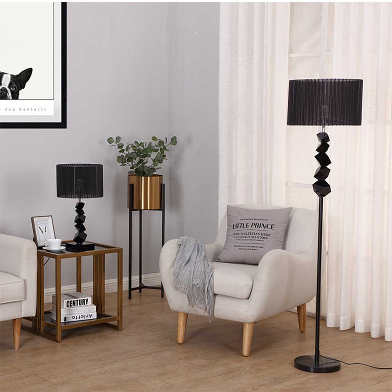 Table Lamp Black Metal And Fabric 33cm x 60cm Drum Shade LED Compatible