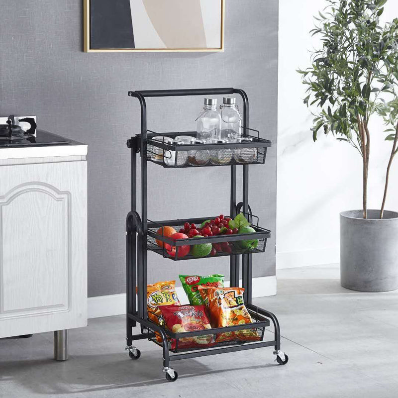 3 Tier Carbon Steel Kitchen Cart Mesh Shelves Black Locking Wheels Adjustable